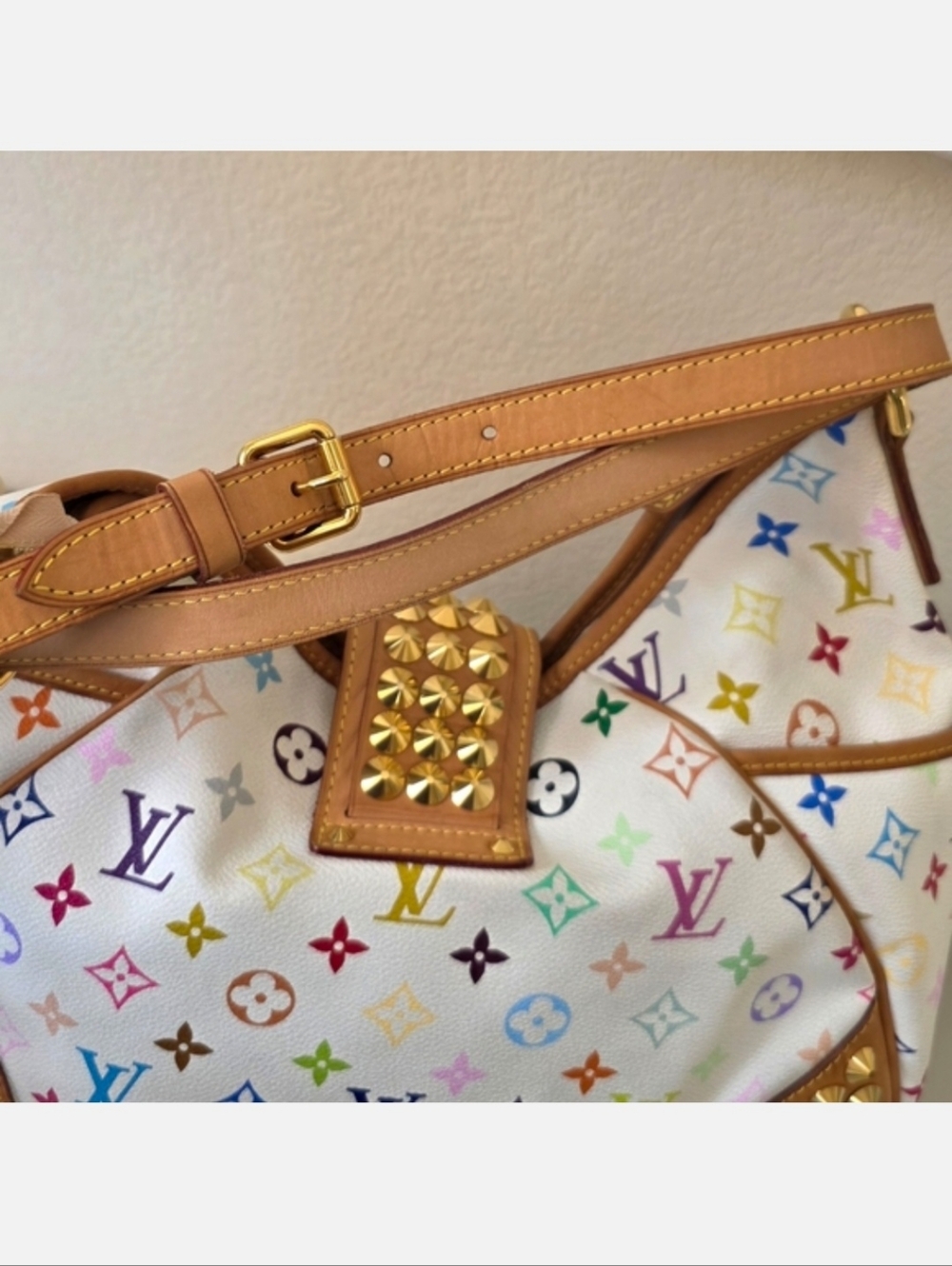 ♥RARE Louis Vuitton White Murakami Multicolor Monogram Gold Studded Shoulder Bag - Picture 9 of 15